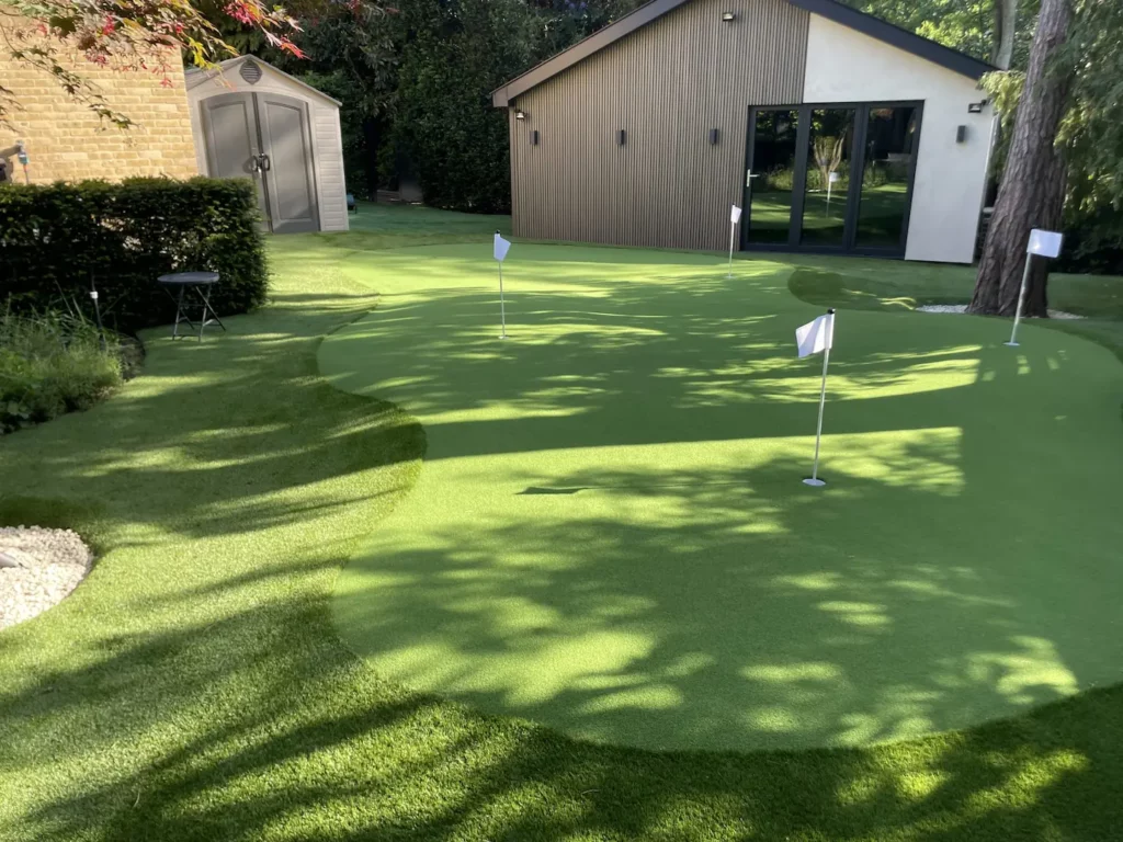 Artificial grass outdoor putting green installed in a backgarden