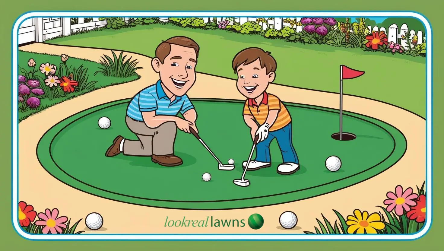 Cartoon father and son playing on a putting green install